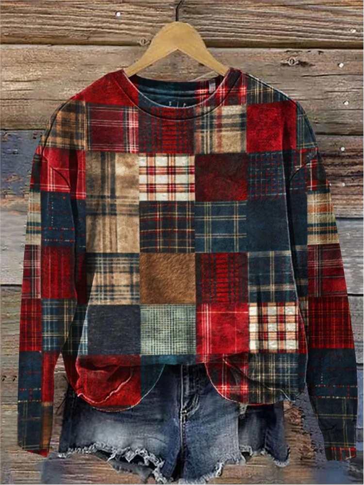 Sweat-shirts Rétro Printemps / Automne Plaid Polyester Micro-élasticité Ample Régulier Droit Régulier pour Femmes