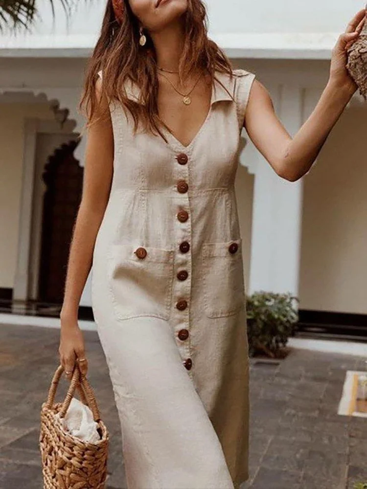 Robes Élégant Plain Été Joint Fendu Col Montant Taille Moyenne Coton Et Lin Top Débardeur Régulier pour Femmes