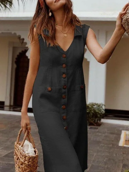 Robes Élégant Plain Été Joint Fendu Col Montant Taille Moyenne Coton Et Lin Top Débardeur Régulier pour Femmes