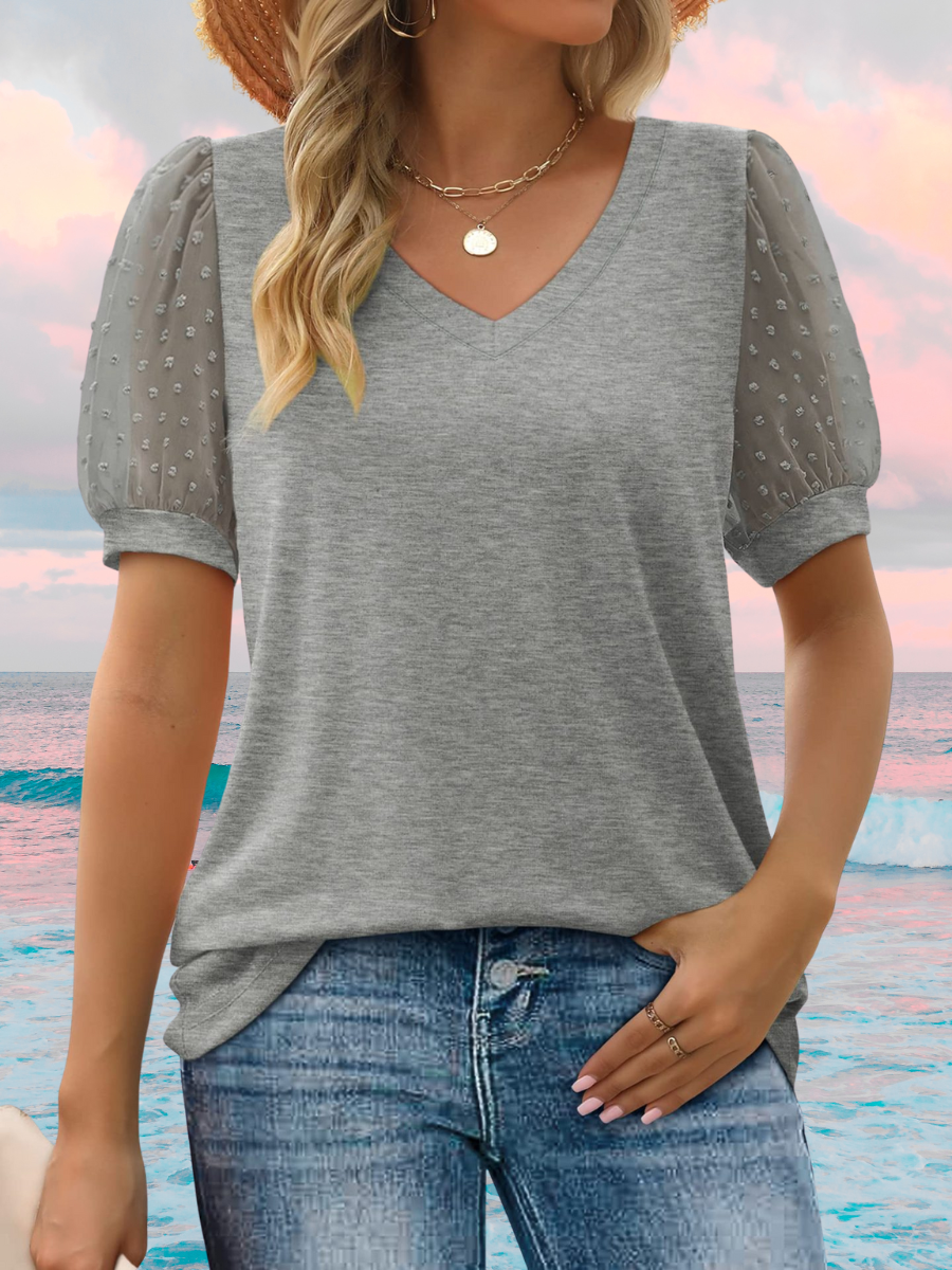 T-shirts Femmes Pois Polka Urbain Été Col V Micro-élasticité Journée Manches Courtes Régulier Droit