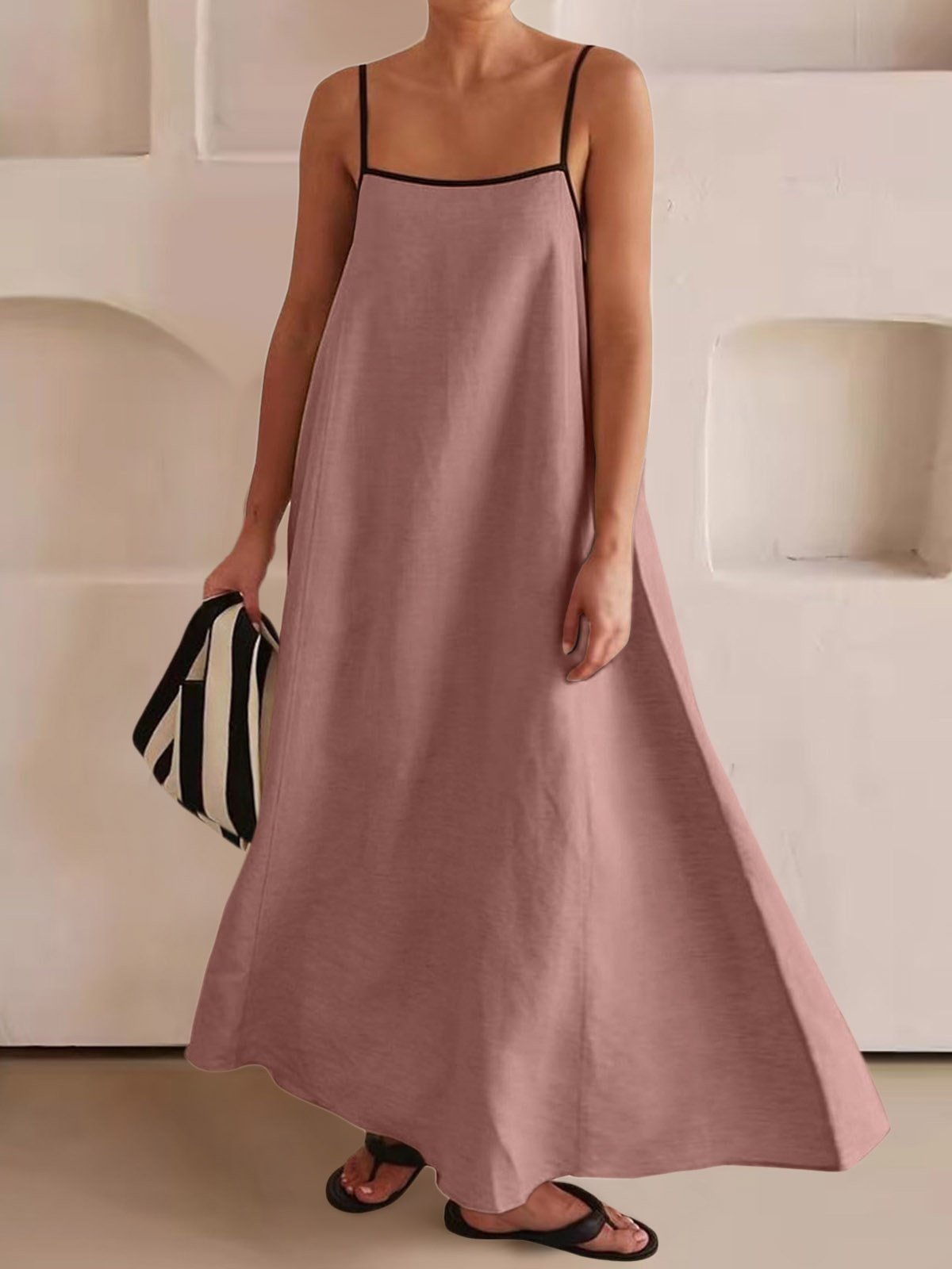 Robes Femmes Plain Urbain Été Col Carré Joint Fendu Micro-élasticité Ample Coton Et Lin Top Débardeur