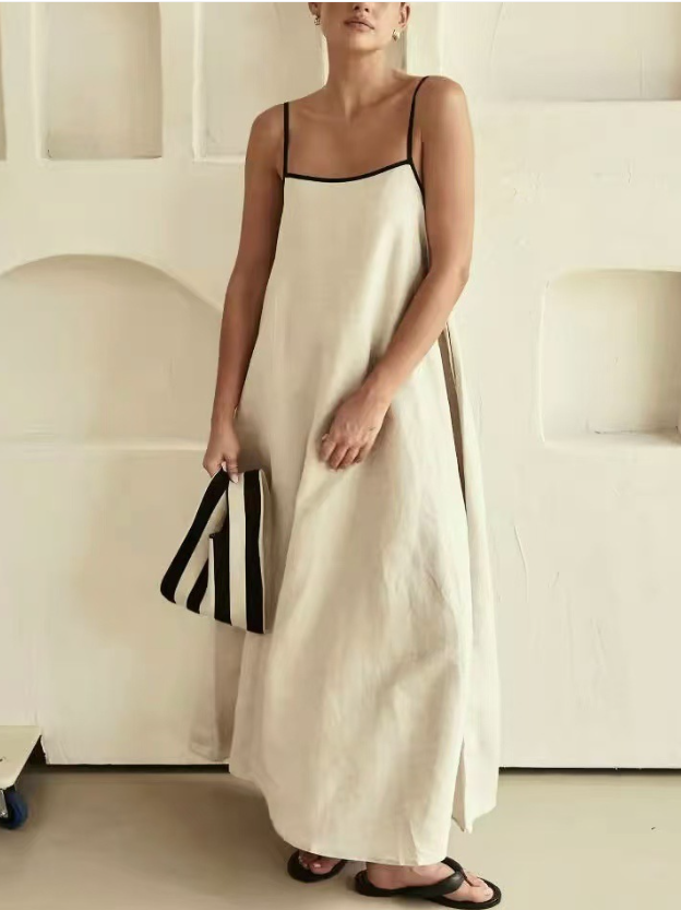 Robes Femmes Plain Urbain Été Col Carré Joint Fendu Micro-élasticité Ample Coton Et Lin Top Débardeur