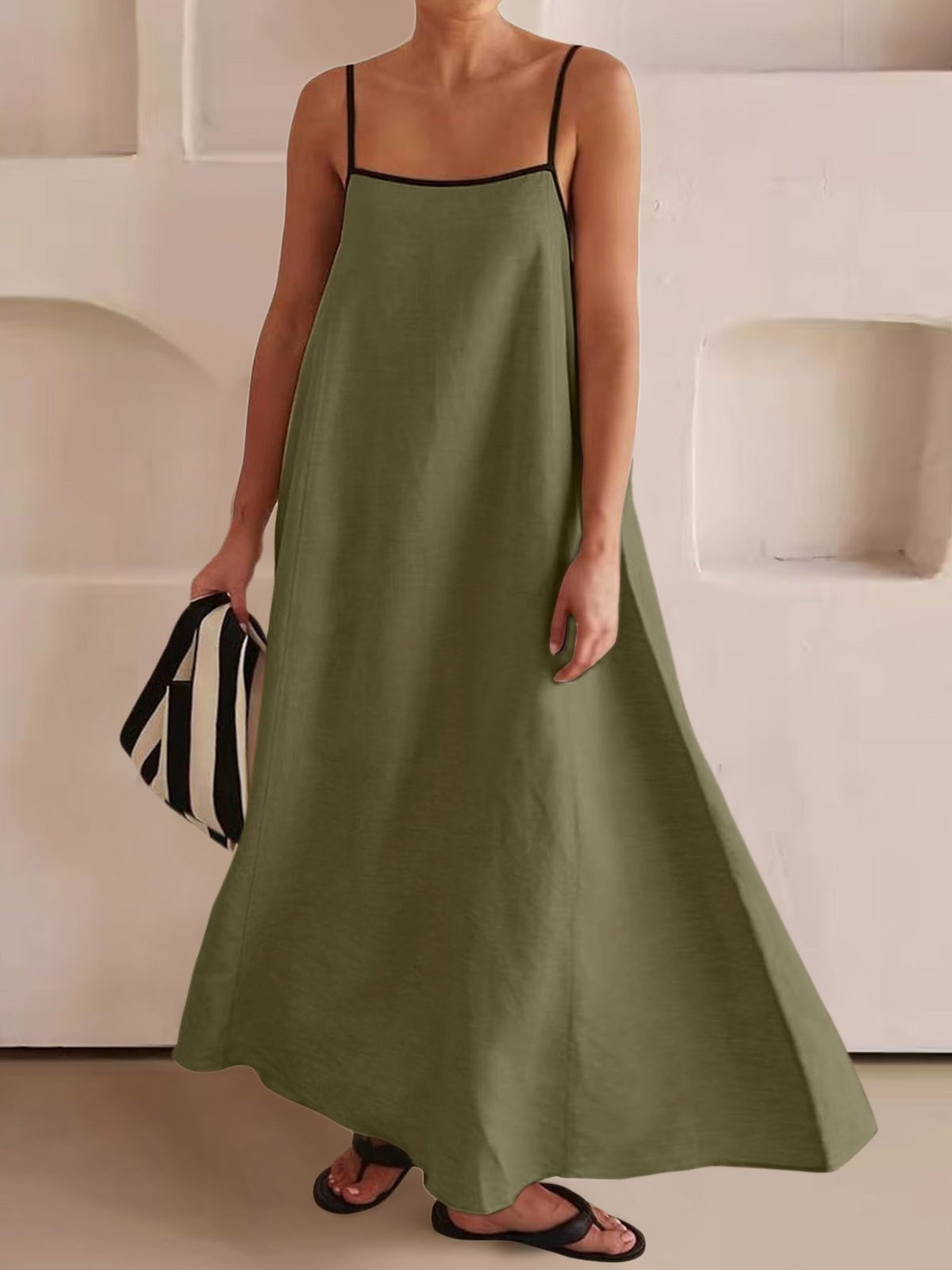 Robes Femmes Plain Urbain Été Col Carré Joint Fendu Micro-élasticité Ample Coton Et Lin Top Débardeur