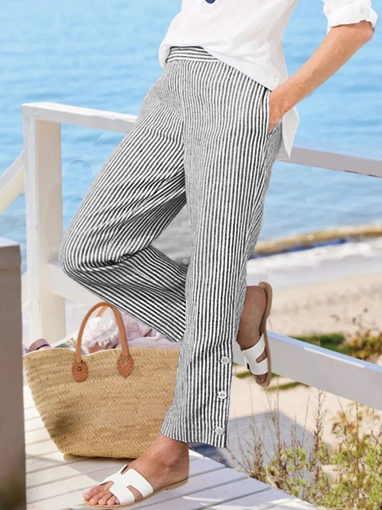 Pantalons Rayé Élégant Printemps / Automne Micro-élasticité Sortie Taille Élastique Pantalon à la cheville Droit Régulier pour Femmes