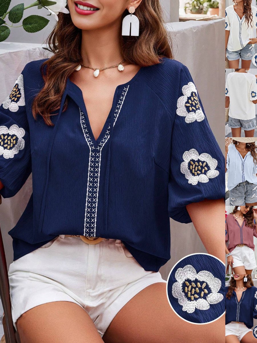 Chemises Femmes Urbain Floral Été Polyester Col V Joint Fendu Sortie Demi Manche Régulier