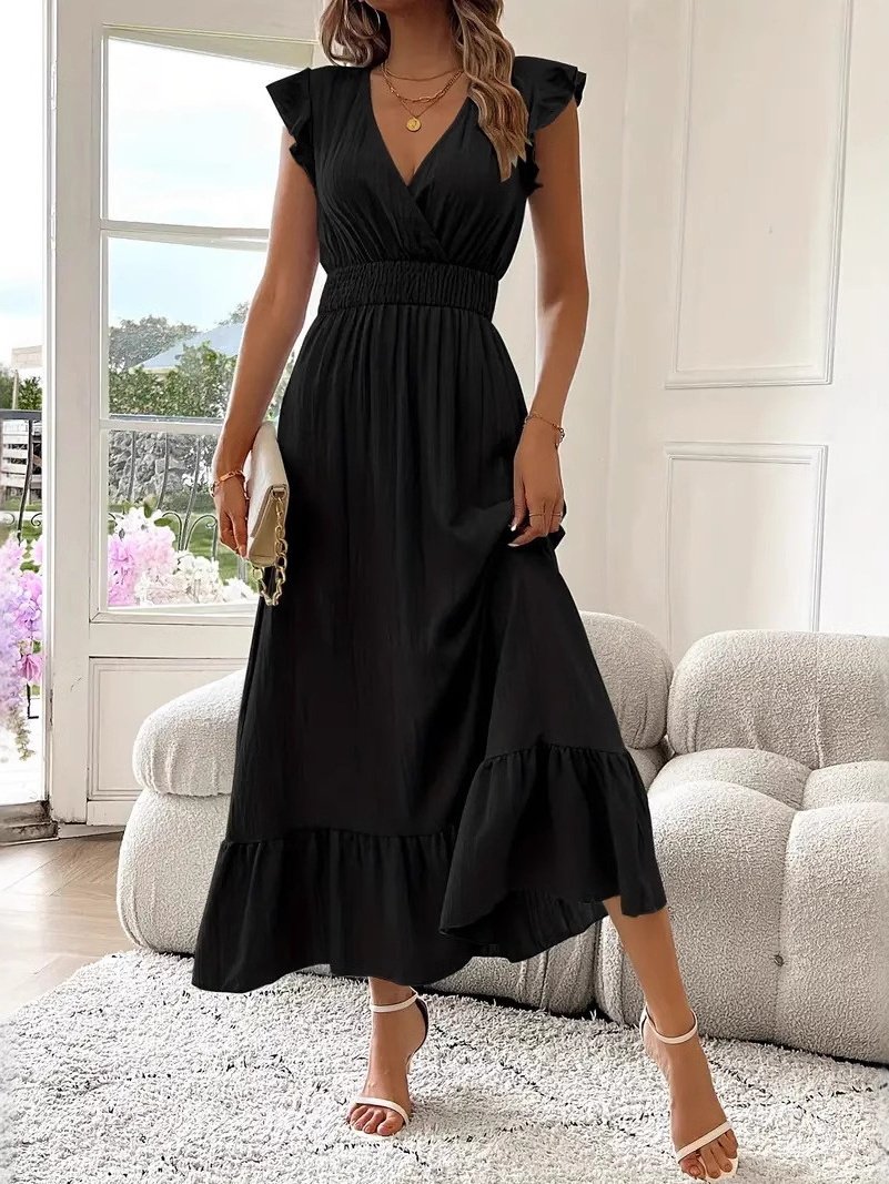 Robes Femmes Rétro Plain Été Polyester Col V Manches Drapées Maxi Trapèze Régulier