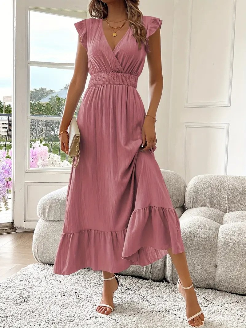 Robes Femmes Rétro Plain Été Polyester Col V Manches Drapées Maxi Trapèze Régulier