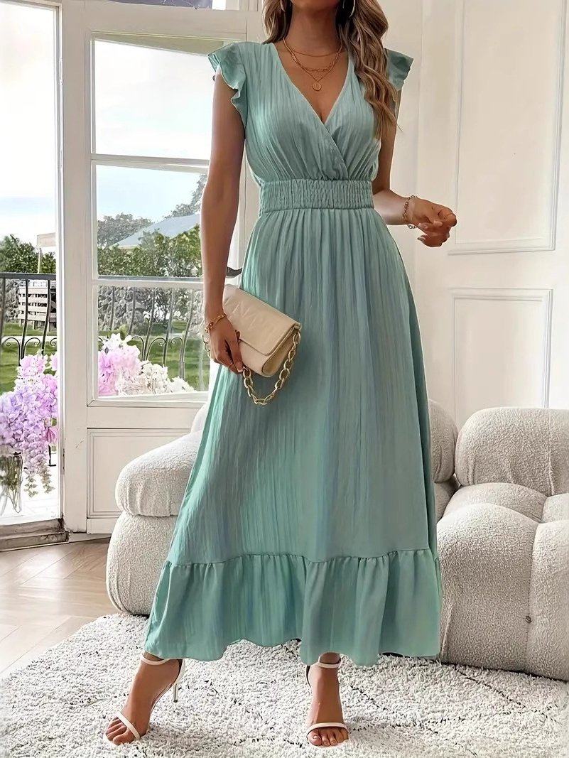 Robes Femmes Rétro Plain Été Polyester Col V Manches Drapées Maxi Trapèze Régulier