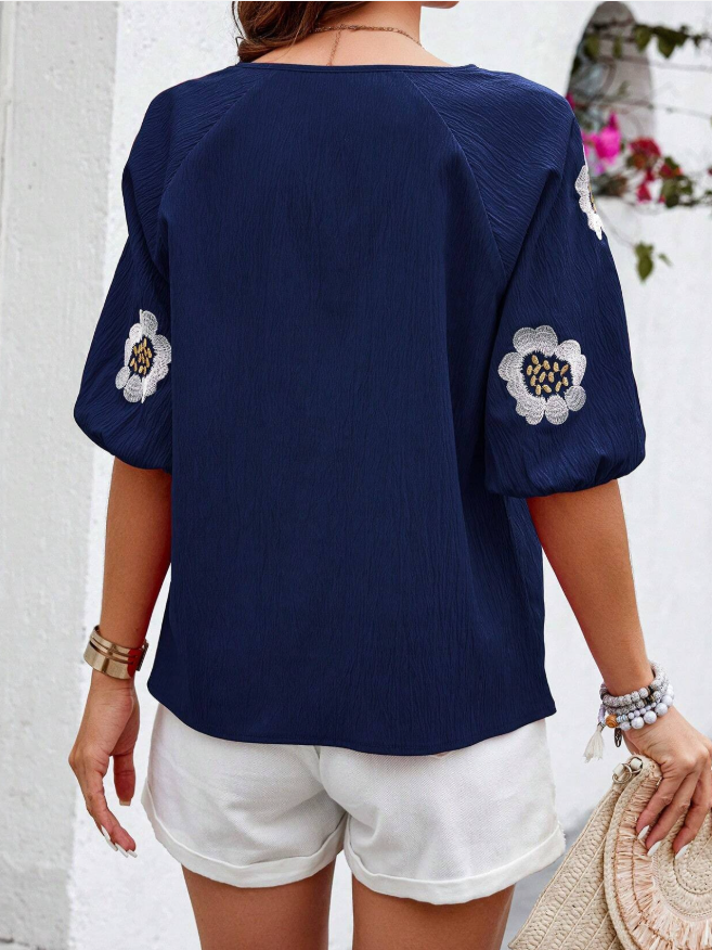 Chemises Femmes Urbain Floral Été Polyester Col V Joint Fendu Sortie Demi Manche Régulier