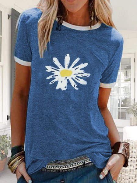 T-shirt Décontracté Floral Été Naturel Quotidien Jersey Manches courtes Col rond Régulier pour Femme