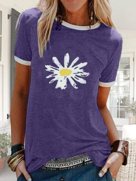 T-shirt Décontracté Floral Été Naturel Quotidien Jersey Manches courtes Col rond Régulier pour Femme
