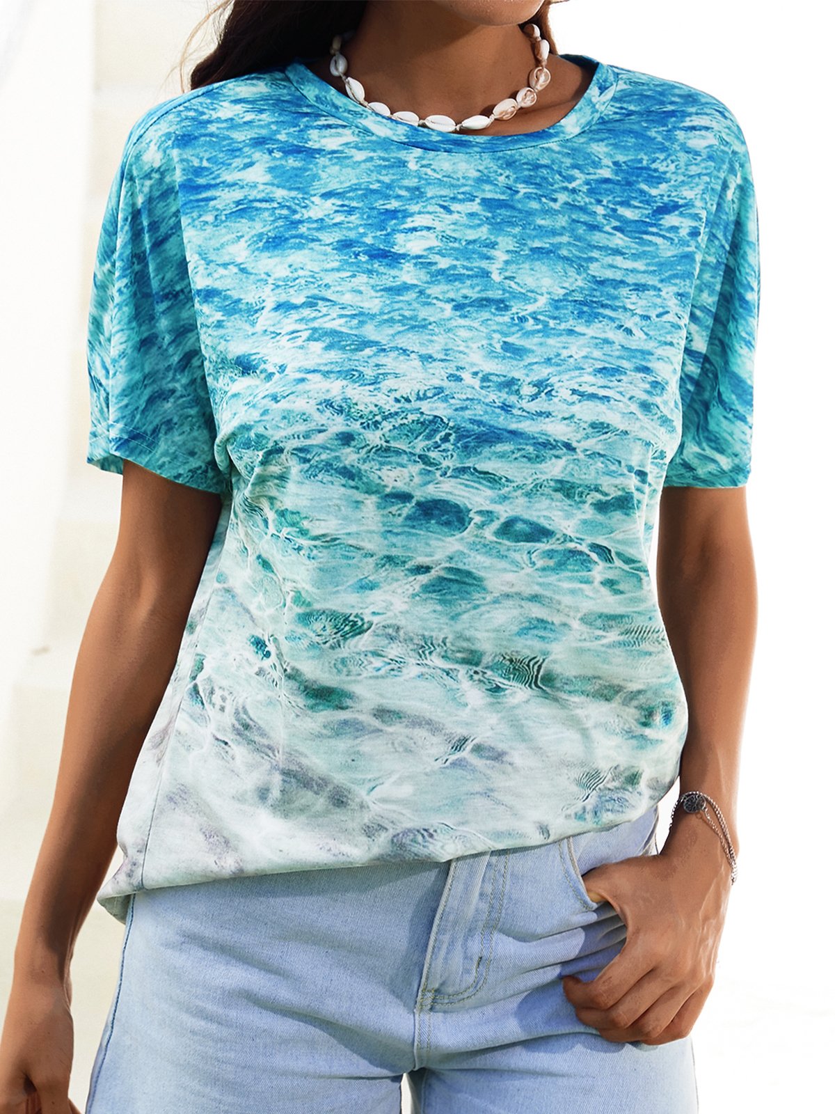 T-shirt Femme Décontracté Été Imprimé Mélange de Coton Léger Micro-élasticité Manches Courtes Col Ras du Cou H-Line