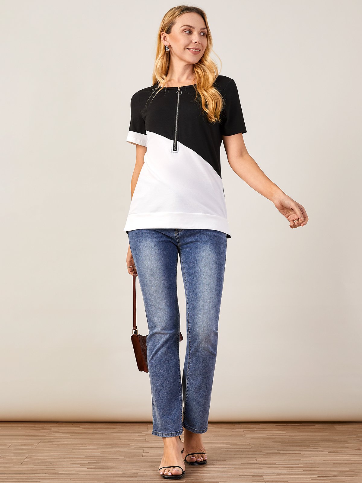 T-shirts Femmes Été Simple Contrasté Couture Micro-élasticité Manches Courtes Ample Droit Régulier Dakota du Sud