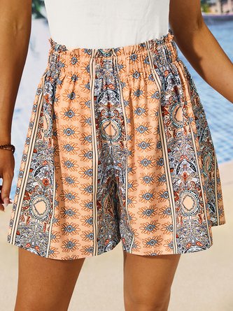 Shorts Femmes Boho Ethnique Été Naturel Micro-élasticité Quotidien Pantalons à Jambe Large Shorts Droit