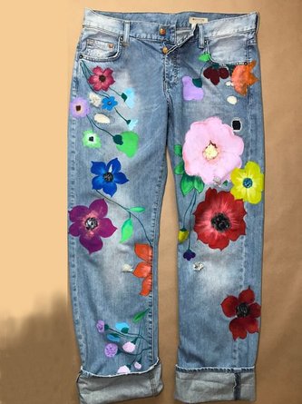 Jeans Casual Floral All Season Mid-weight Ankle Pants Loose Straight pants Denim H-Line for Women