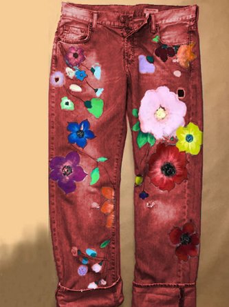 Jeans Casual Floral All Season Mid-weight Ankle Pants Loose Straight pants Denim H-Line for Women