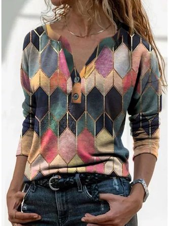 T-shirt Femme Géométrique Décontracté Hiver Léger Micro-élasticité   Manche LongueAmple Normal