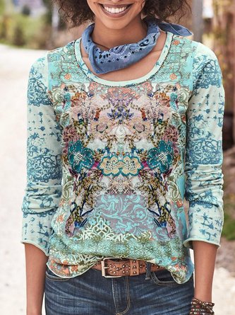 Hauts Femme Vintage Fleuri Printemps Sports Décontracté Manches Longues Coupe Coton-Mélange Régulier