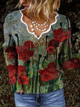 Tops Femmes Rayé Décontracté Hiver Col V Micro-Élasticité Quotidien de Grande Taille Manches Longues Coton-Mélange