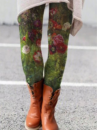 Leggings Boho Floral Automne Coton Plage Vintage Tight Slim Fit Pantalon Long pour Femme