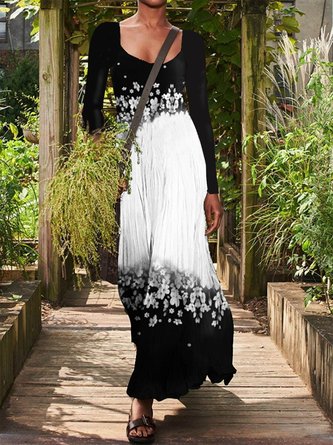 Robes Floral Elé Printemps Haute élasticité Soirée Manches longues Coupe Mélange de coton Longue pour Femme