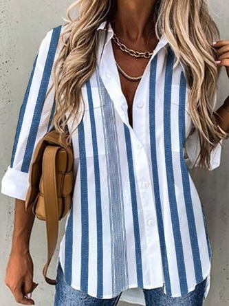 Chemisier Rayé Décontracté Automne Col de Chemise Quotidien Gros Fantaisie Manches Longues Mélange de Coton Normal pour Femme