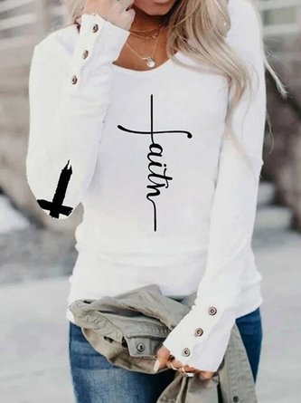 T-shirt Femme Casual Lettre Hiver Col Rond Mi-poids Jersey Manches Longues Fit Styles Populaires