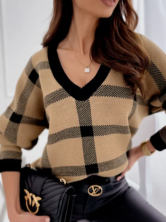 Pull Femme Décontracté Carreaux Hiver Col en V Acrylique Micro-élasticité Quotidien Manches longues Normal