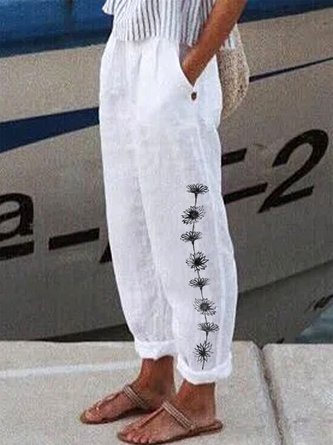 Pantalon décontracté Femme Décontracté Floral Printemps Poids moyen Aucune élasticité Taille élastique Coton Long H-Line