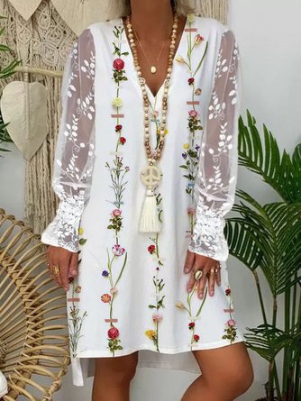Robes Vacances Floral Printemps Col en V Micro-élasticité Quotidien Patchwork Genou Ample pour Femme