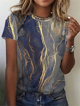 T-shirt Casual Peinture Printemps Col Rond Micro-élasticité Quotidien Manches Courtes Mélange de Coton H-Line pour Femme