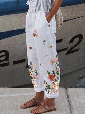 Pantalon décontracté Lin Floral Automne Poids moyen Lâche Taille élastique Bambou Long H-Line pour femme