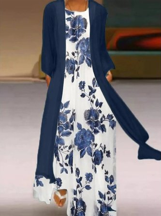 Robes Femme Lin Floral Été Deux pièces Col rond Léger Micro-élasticité Fibre de polyester Lâche