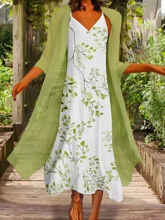 Robes Vacances Feuille de Printemps Léger Aucune élasticité Date Fibre de polyester Droit H-Line pour Femme
