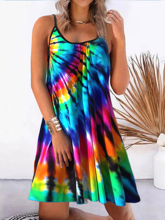 Robes Casual Summer Tie-Dye Pattern Spaghetti High Elasticity Jersey Sans manches Loose A-Line pour les femmes