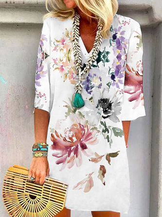 Robes Vacances Floral Été Polyester Mini Trois Quarts Ample Droit H-Line pour Femme