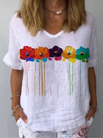 Chemises Femmes Floral Été Décontracté Col V Aucune élasticité Manches Courtes Ample Coton Droit