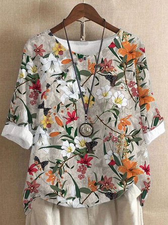 Hauts Décontracté Floral Automne Polyester Boutonné Quotidien Ample Col Ras du Cou H-Line pour Femme