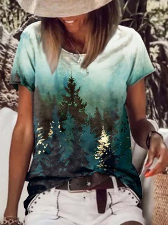 T-shirt Femme Décontracté Été Peinture de paysage Jersey Manches courtes Col rond Régulier H-Line Élasticité moyenne
