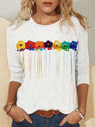 T-shirt Décontracté Floral Automne Polyester Micro-élasticité Quotidien Coupe régulière Col Ras du Cou H-Line pour Femme