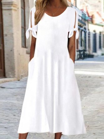 Robes Femme Décontracté Uni Été Naturel Midi Manches courtes Col rond Trapèze Régulier
