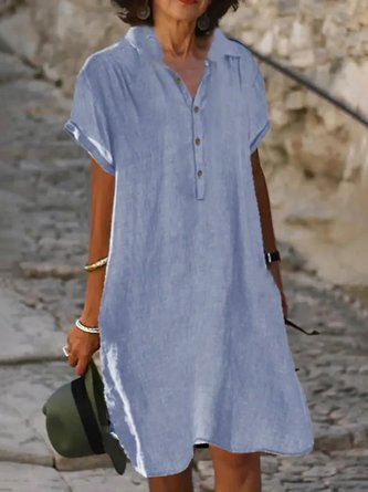 Robes Boho Plaine d'été A-ligne Col de chemise Jupe légère Manches courtes H-Line pour femme