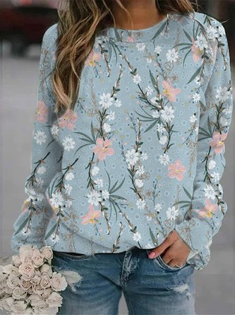 Sweat-shirts Décontracté Floral Automne Coton Manches raglan Manches longues Col ras du cou Regular H-Line pour femme
