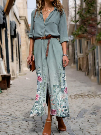 Robes Casual Floral Automne Polyester Naturel Léger Quotidien Robe Chemise Longue pour Femme