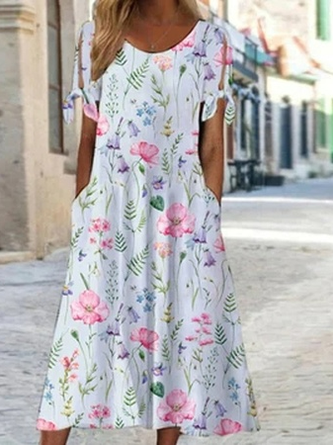 Robes Décontracté Floral Été Naturel Quotidien Ample Manches courtes Mélange de coton Trapèze pour Femme
