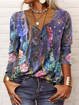 Top Femme Décontracté Floral  Micro-élasticité  Ample Pull-over  Manche LongueRégulier