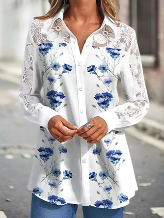 Blouse Décontracté Floral Automne Dentelle Joint Fendu Léger Manches Longues Droit Col de Chemise pour Femmes