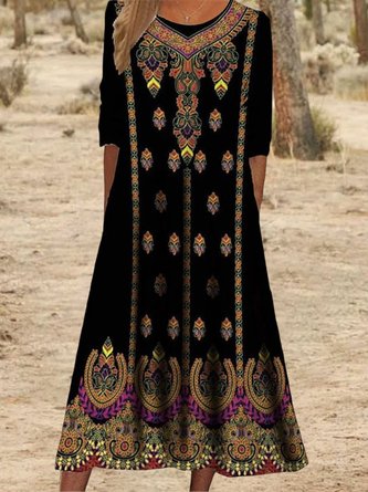 Robes Boho Ethnique Automne Polyester Naturel Quotidien Ample Mi-longue T-Robe Chemise pour Femmes