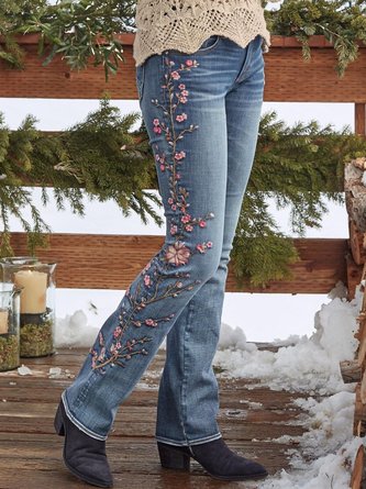 Jeans Femmes Décontracté Floral Automne Ample Taille Moyenne Pantalon droit Long H-ligne Régulier
