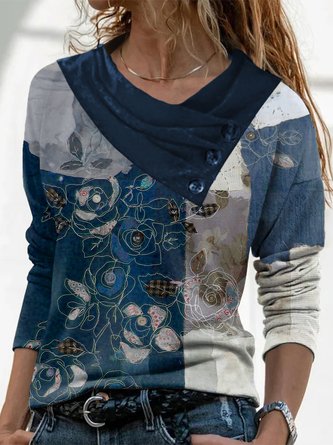 Tops Décontracté Floral Automne Micro-Élasticité Quotidien Coupe Régulière Col Rond H-ligne Régulier pour Femmes